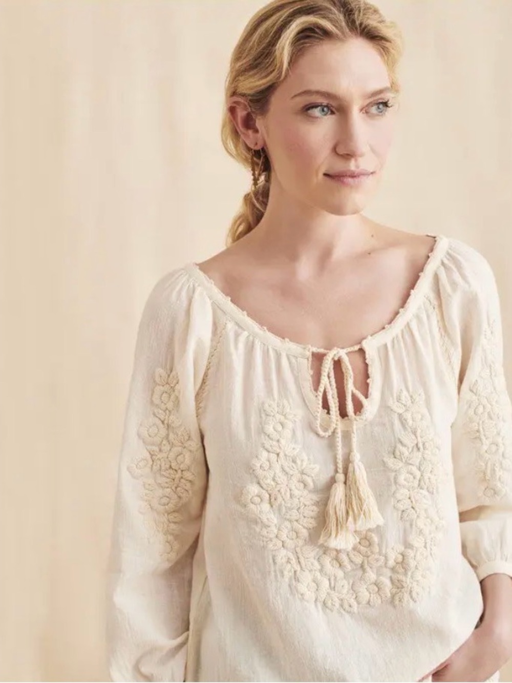 Faherty Blouse Floral Embroidered Cotton Gauze Tassels Long Sleeve Peasant Top S